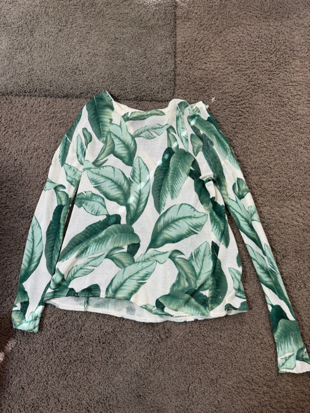 Show Me Your MuMu White Long-Sleeve Top with Green Leaf Print